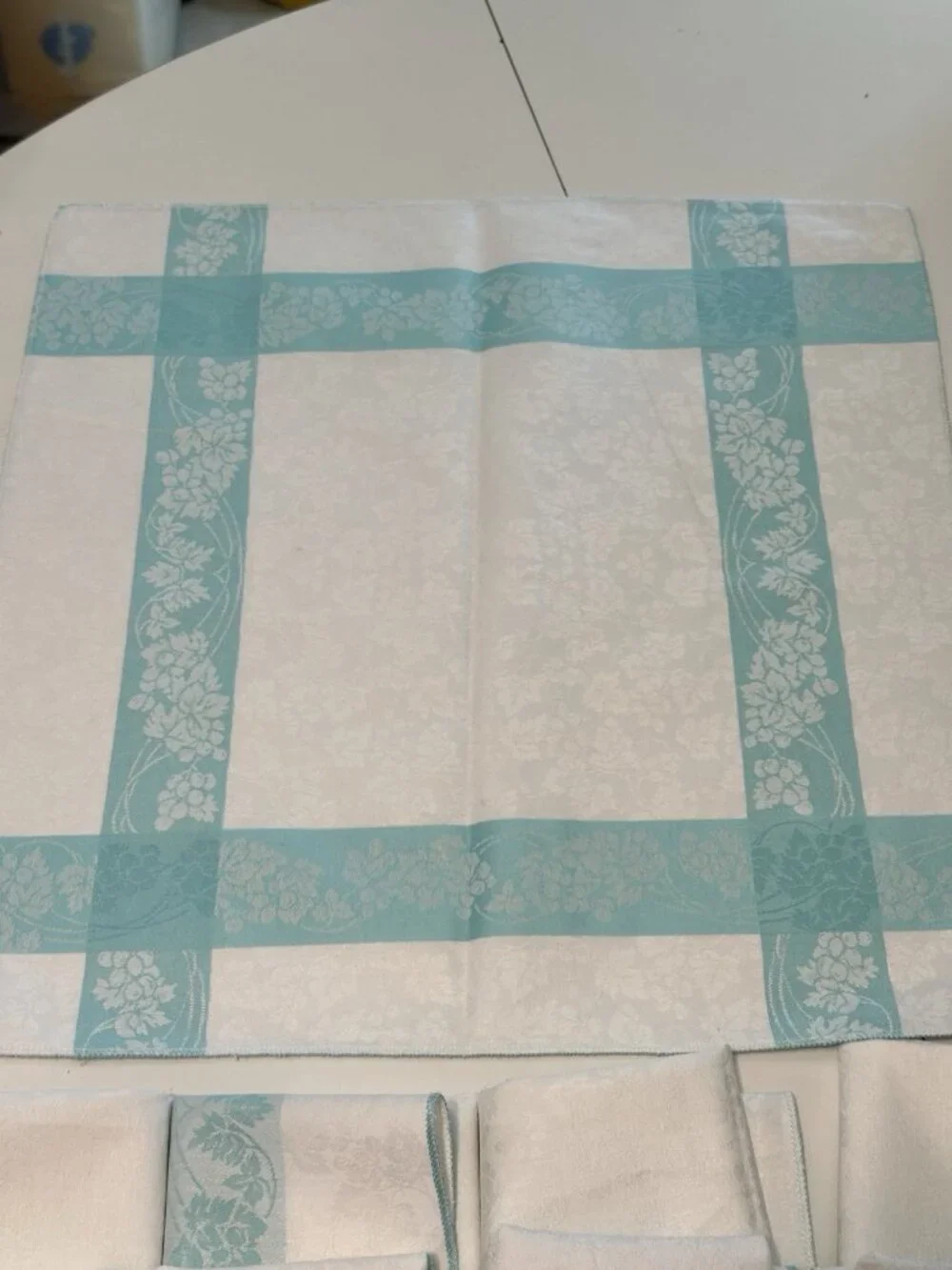 9 Vintage Table Linen Damask Napkin Blue White Cottage Core 40s Jacquard 17”
